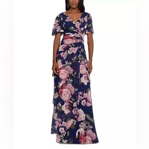 Xscape Navy Floral Chiffon Gown NWT